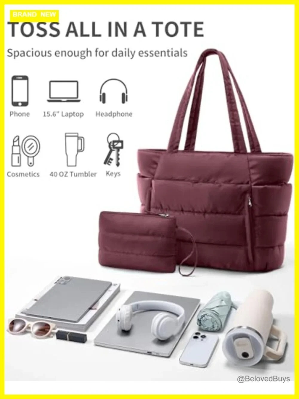 Lightweight Puffer Tote Bag with Laptop Sleeve, Quilted Shoulder Bag for Work